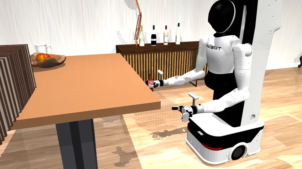 The robot holds the bottle after picking it from the table
