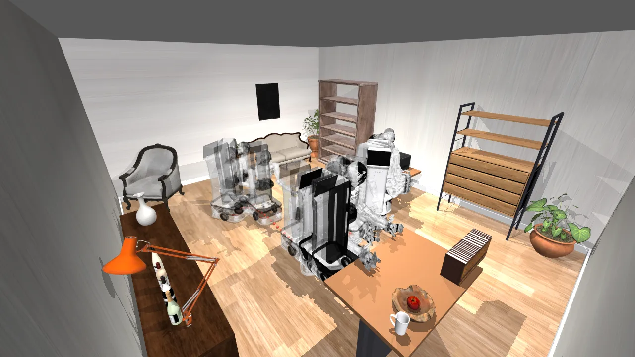 Semi-transparent copies of the robot at regular intervals over the episode, seen from the cctv camera