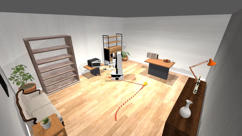Overview of the furnished room with the path the robot drove