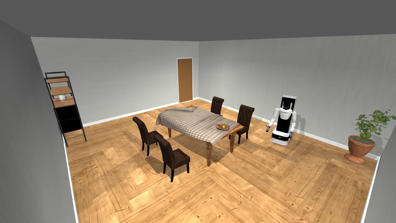 Generated dining room with a table, four chairs and a shelf