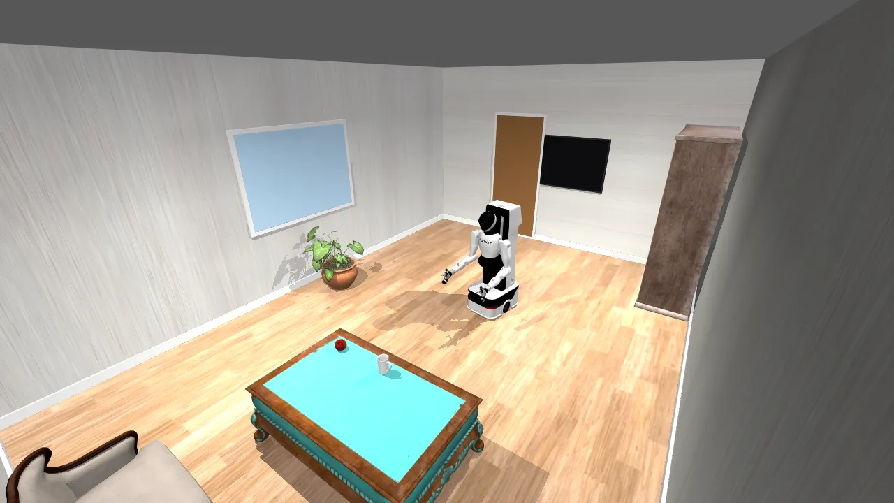 Generated living room with a sofa, a coffee table, a TV and a plant
