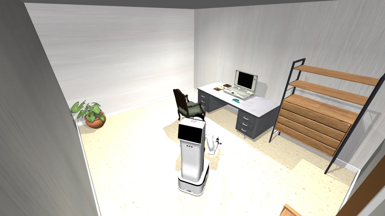 Generated office with a desk, a computer, a chair and a shelf